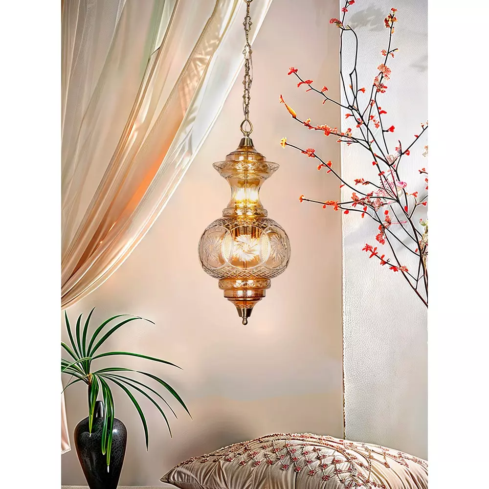 Fos Lighting Luster Pendant Light with Hand-Cut Glass 40 W Glass Gold, LongNeck-FancyCut-Luster-B-HL1