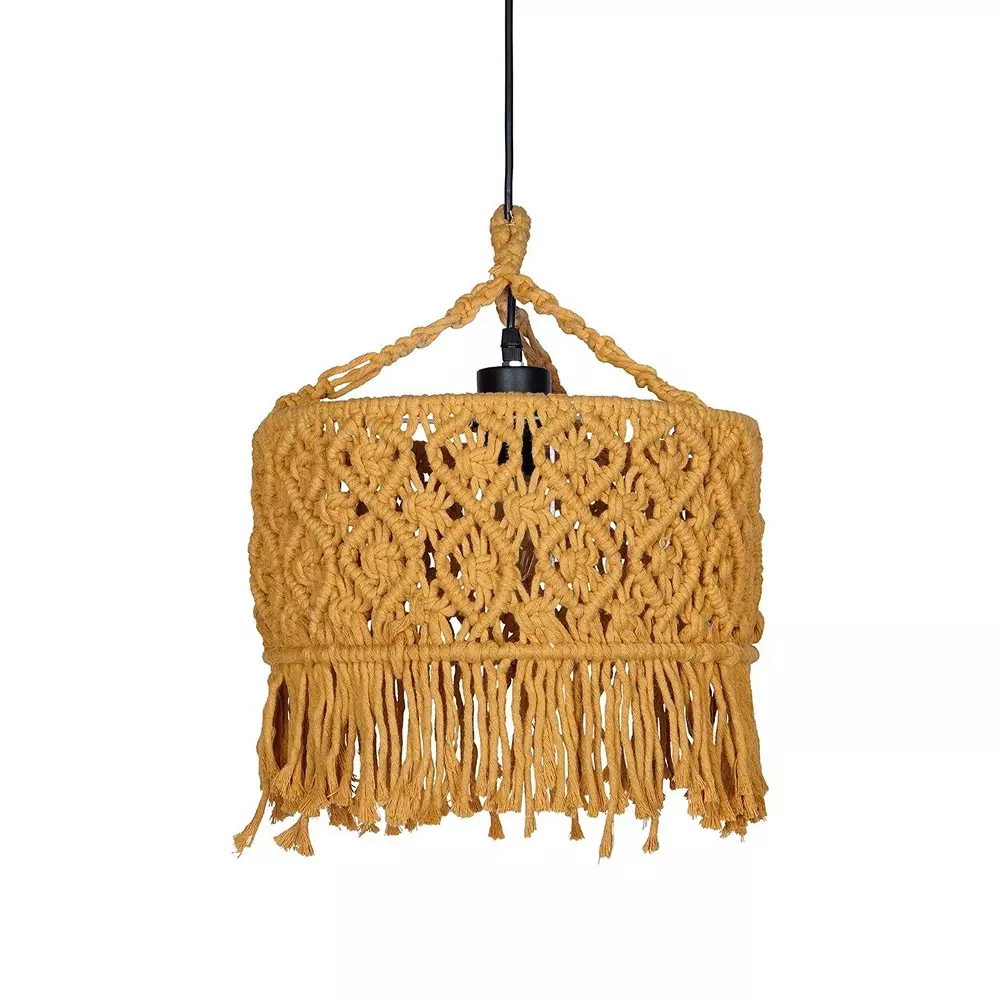Fos Lighting Bohemian Hanging Light Mustard Yellow Finish Macrame Drum (12 inch) 30.48 cm 40 W