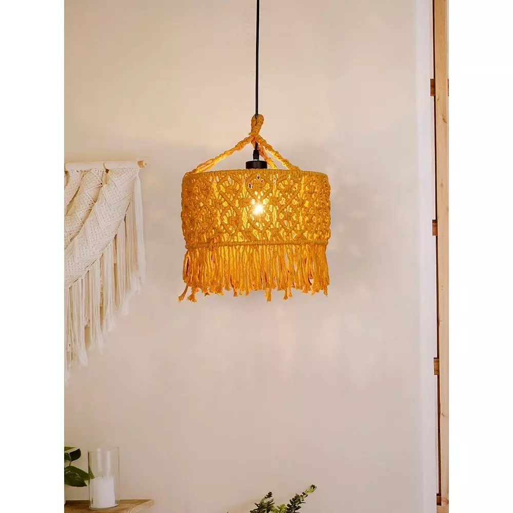Fos Lighting Bohemian Hanging Light Mustard Yellow Finish Macrame Drum (12 inch) 30.48 cm 40 W