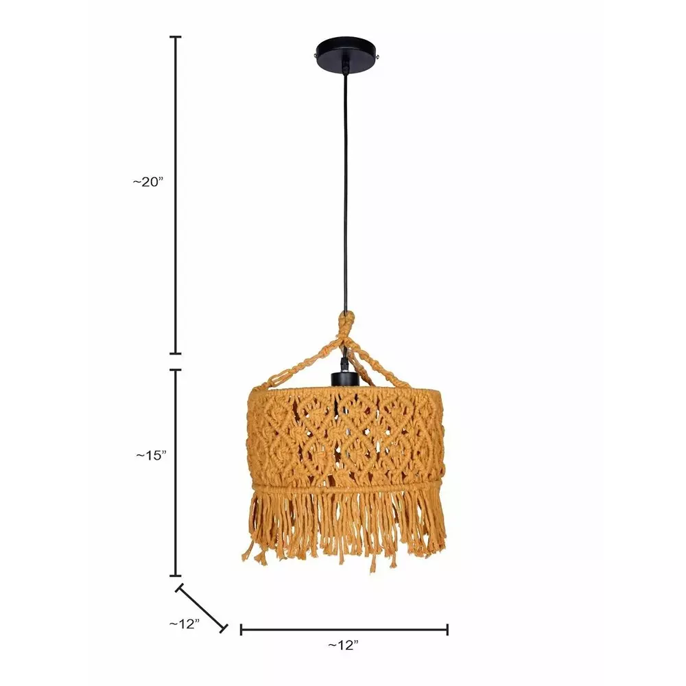 Fos Lighting Bohemian Hanging Light Mustard Yellow Finish Macrame Drum (12 inch) 30.48 cm 40 W