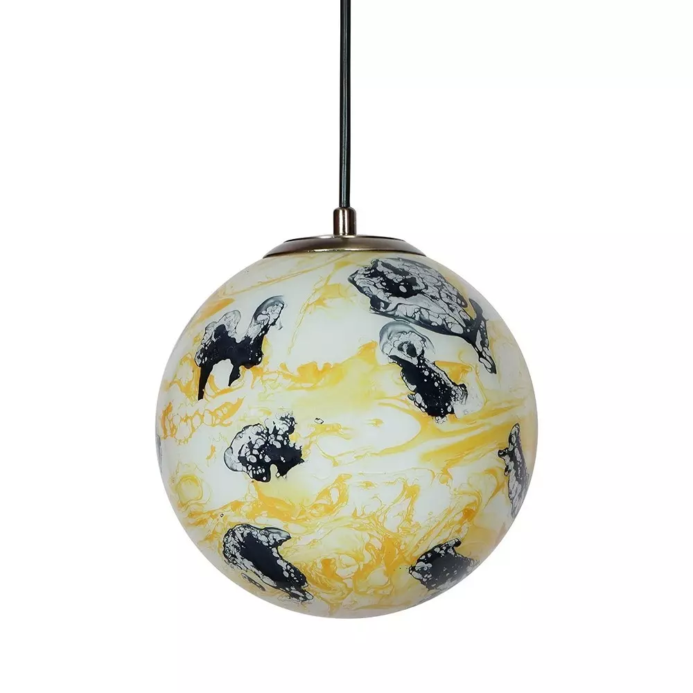 Fos Lighting Glass Globe Pendant Light Yellow & Black Marble Pattern 8 Inch (20.32 cm) Brass Antique Finish 40 W