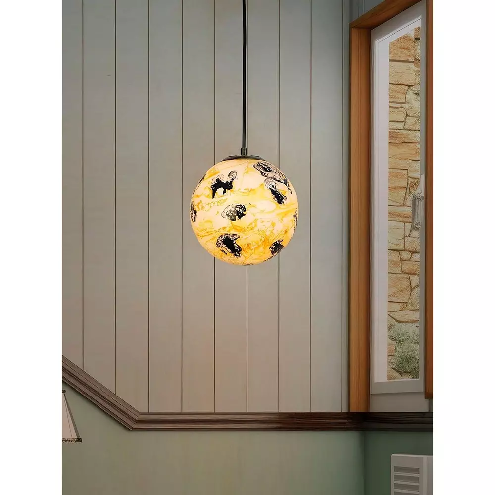 Fos Lighting Glass Globe Pendant Light Yellow & Black Marble Pattern 8 Inch (20.32 cm) Brass Antique Finish 40 W
