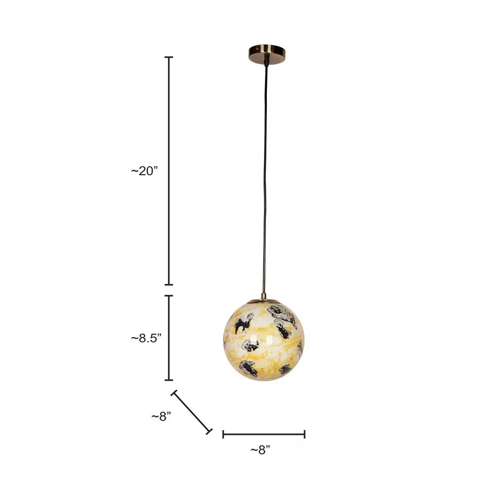 Fos Lighting Glass Globe Pendant Light Yellow & Black Marble Pattern 8 Inch (20.32 cm) Brass Antique Finish 40 W