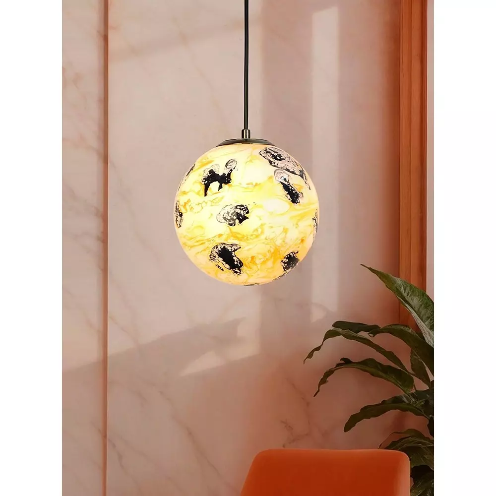 Fos Lighting Glass Globe Pendant Light Yellow & Black Marble Pattern 8 Inch (20.32 cm) Brass Antique Finish 40 W