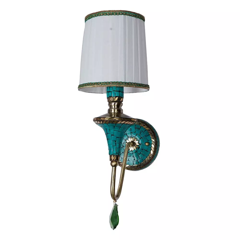 Fos Lighting Wall Light Tibetan Nepalese Single Funnel Wall Sconce with Pleated Shade and Green Stonework