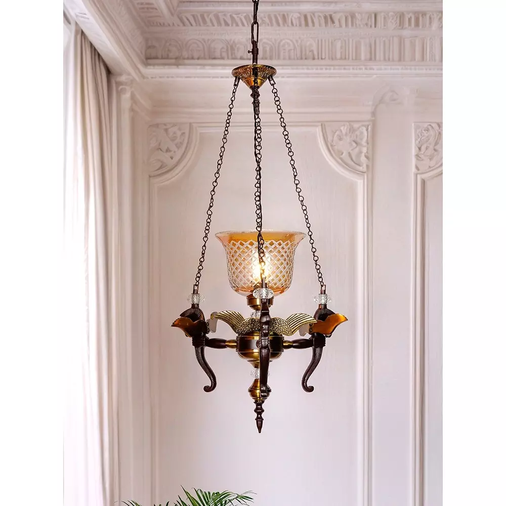 Fos Lighting Hanging Light Vintage Pegasus Pendant Chandelier with Golden CutGlass Shade