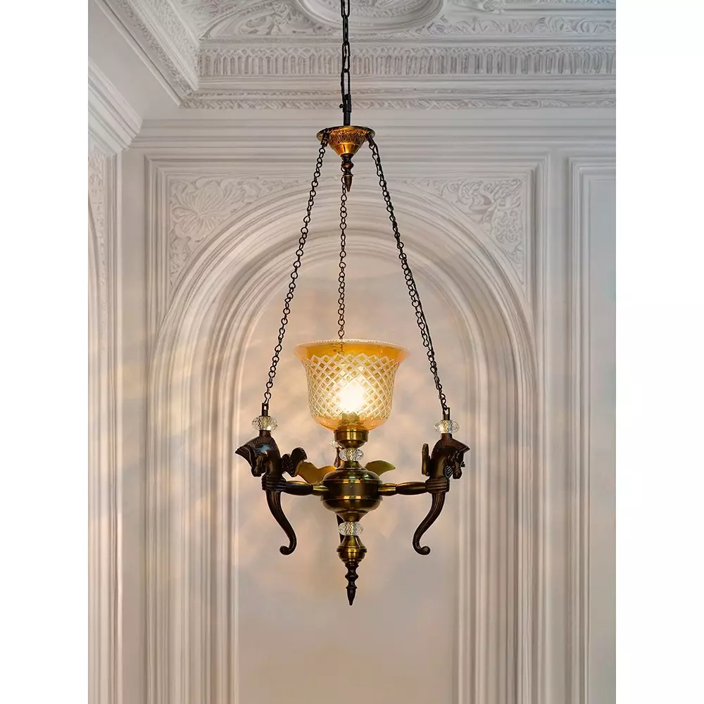 Fos Lighting Hanging Light Vintage Pegasus Pendant Chandelier with Golden CutGlass Shade