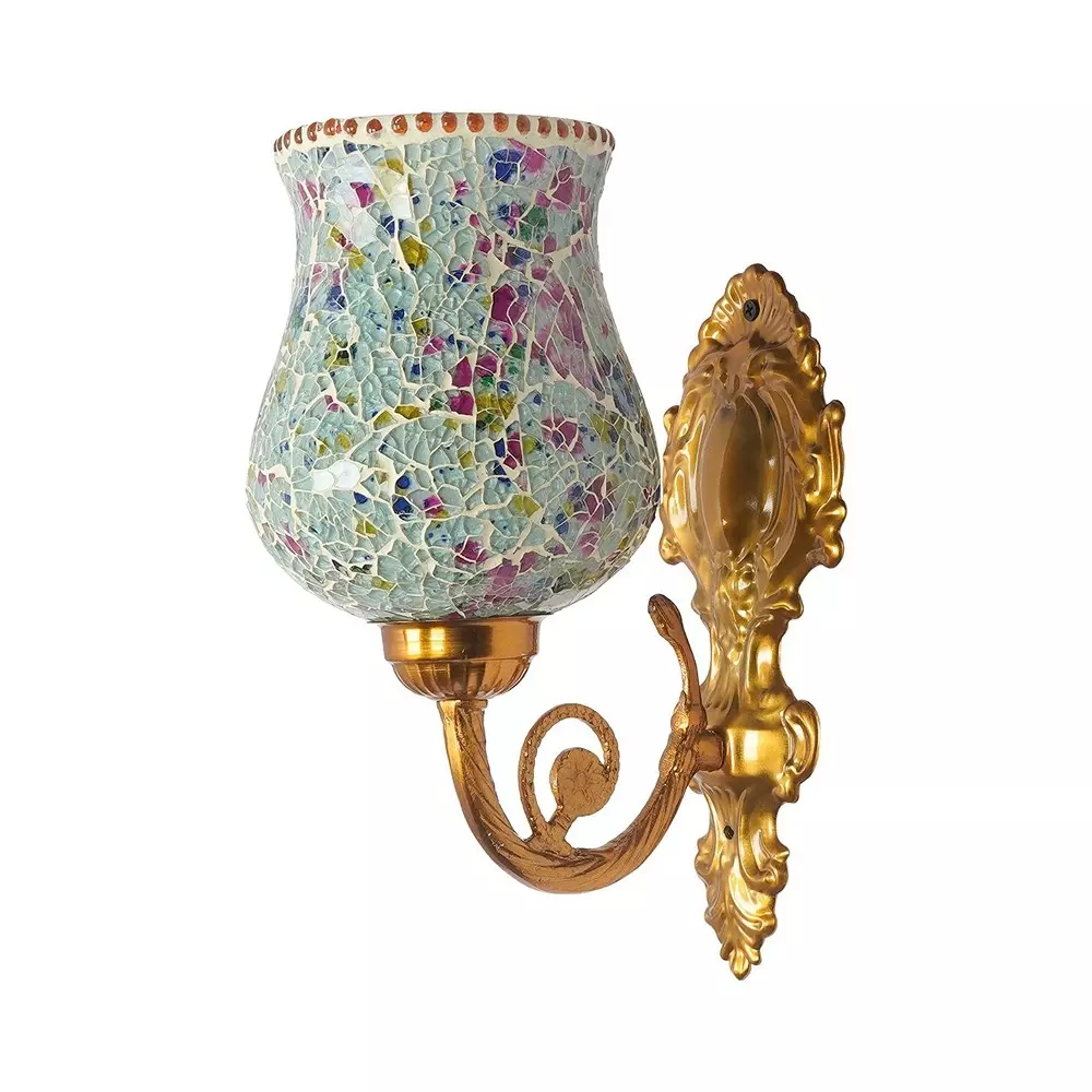 Fos Lighting Wall Light Traditional Aluminium and Glass Wall Sconce in Matte Gold Finish with Multicolored Mosaic (1-Light)