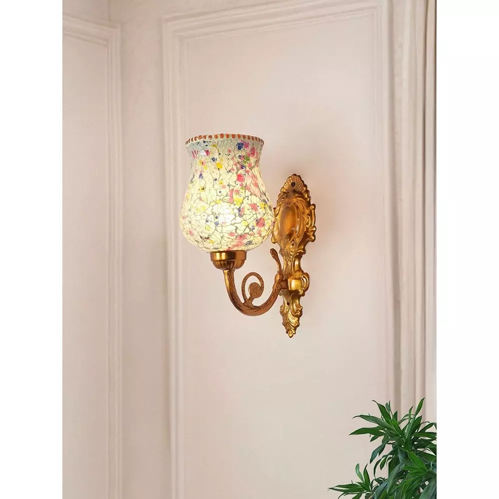 Fos Lighting Wall Light Traditional Aluminium and Glass Wall Sconce in Matte Gold Finish with Multicolored Mosaic (1-Light)