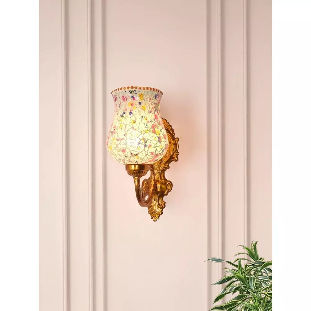 Fos Lighting Wall Light Traditional Aluminium and Glass Wall Sconce in Matte Gold Finish with Multicolored Mosaic (1-Light)