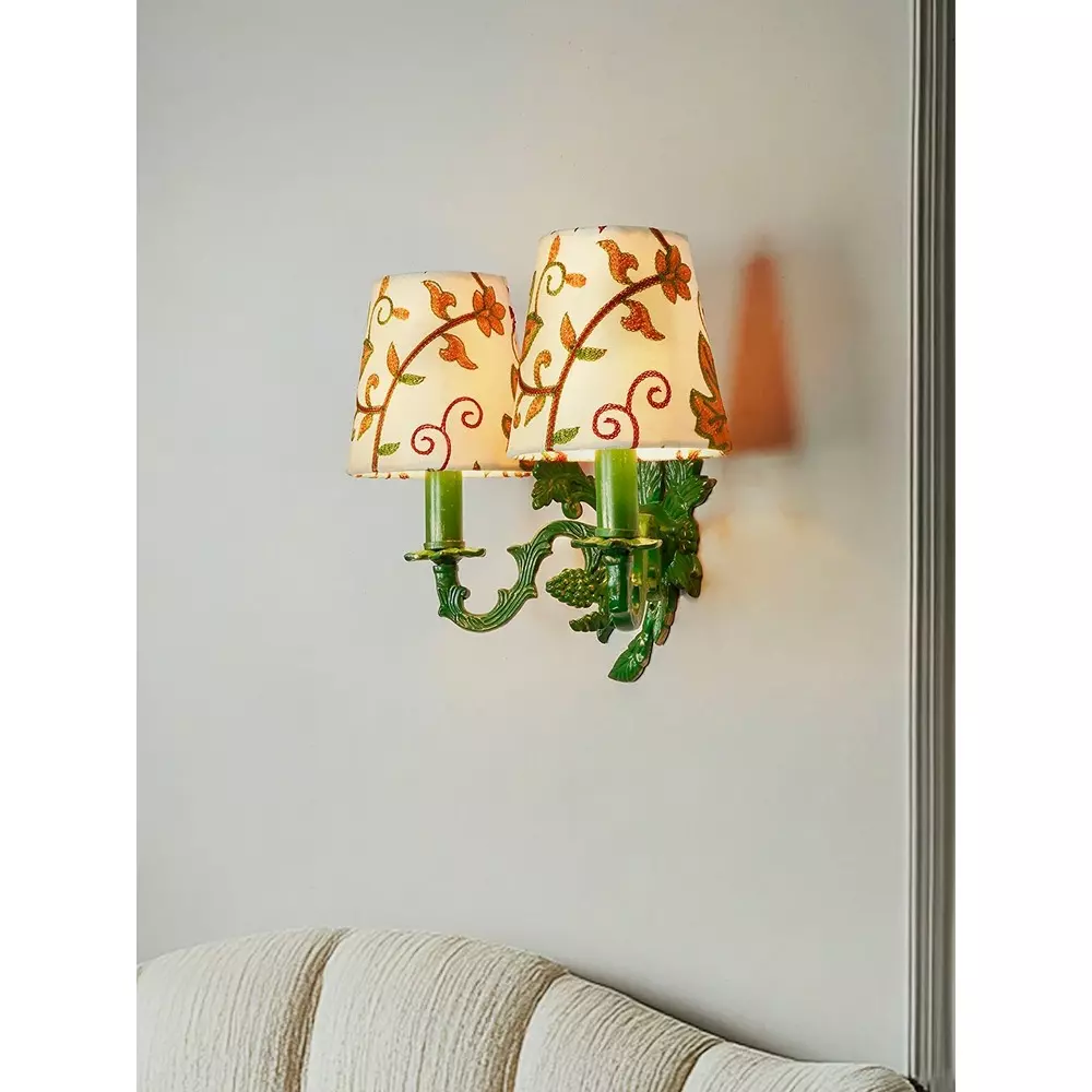 Fos Lighting Wall Light Double Green Aluminium Wall Sconces with Kashida Velvet Shades