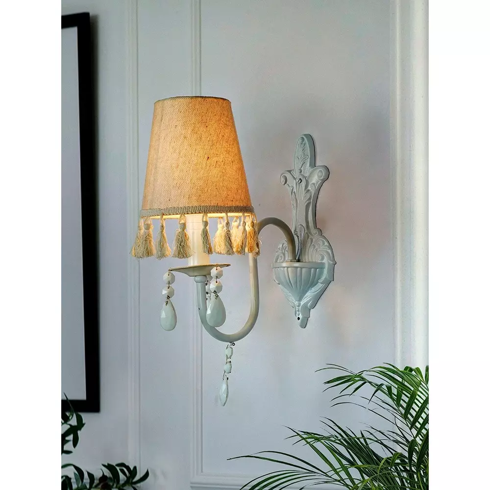 Fos Lighting Wall Light White Wall Sconce with Tassel Shade and Crystal Accents
