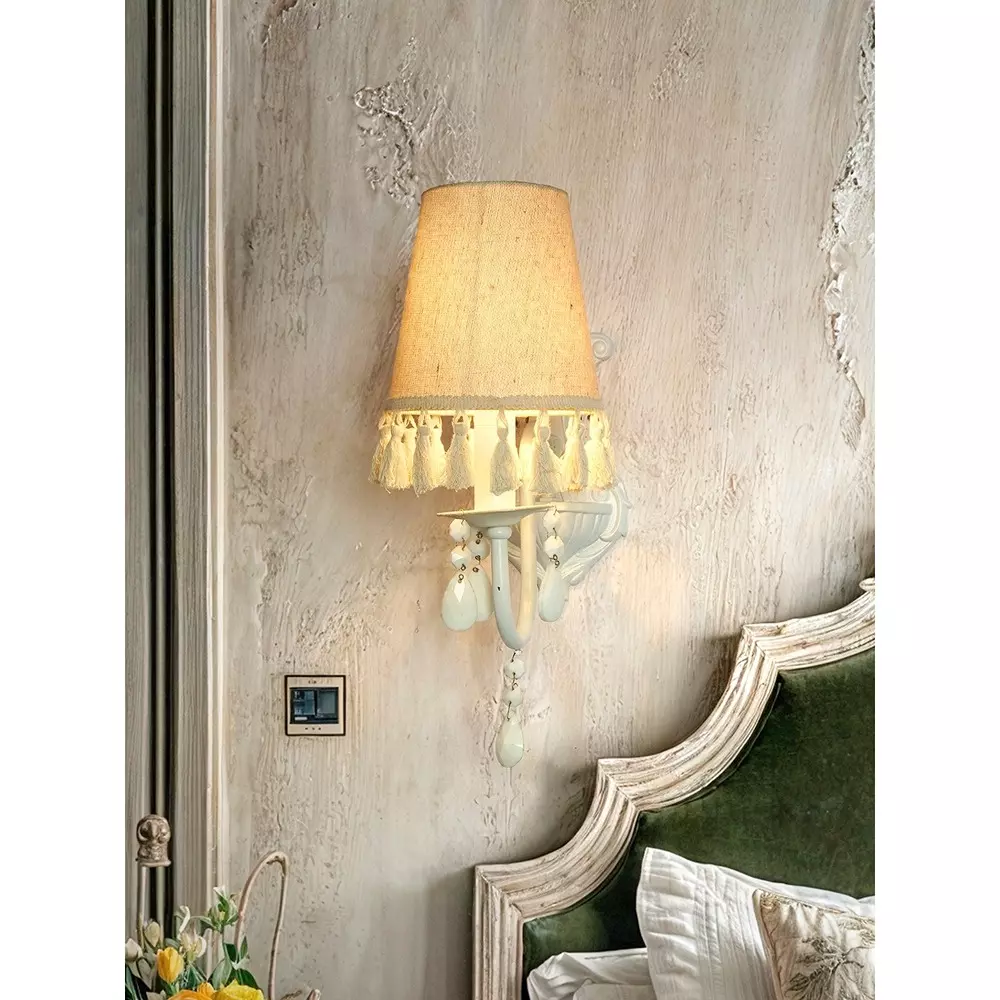 Fos Lighting Wall Light White Wall Sconce with Tassel Shade and Crystal Accents