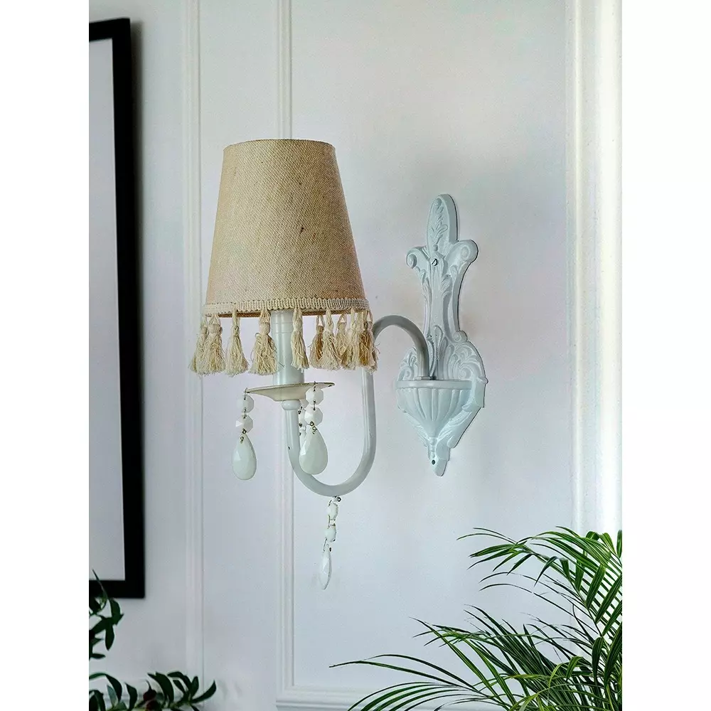 Fos Lighting Wall Light White Wall Sconce with Tassel Shade and Crystal Accents