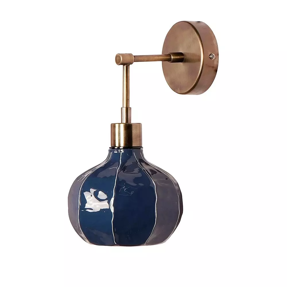 Fos Lighting Wall Light Artisanal Blue Enamel Wall Sconce with Undulated Melon Shade & Antique Brass Arm