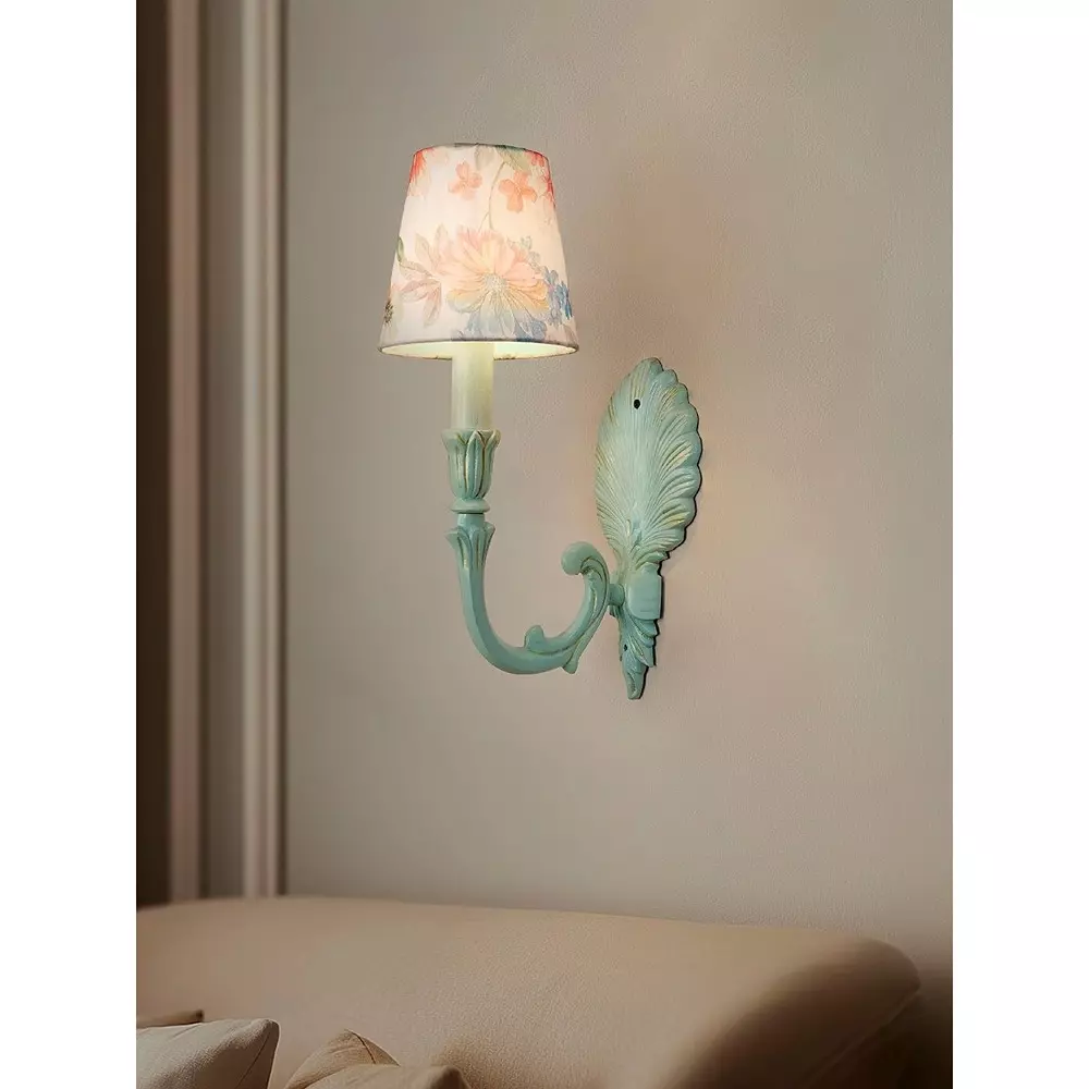 Fos Lighting Wall Light Coastal Single Wall Sconce | Rustic Green Aluminium with Pink Floral Shade