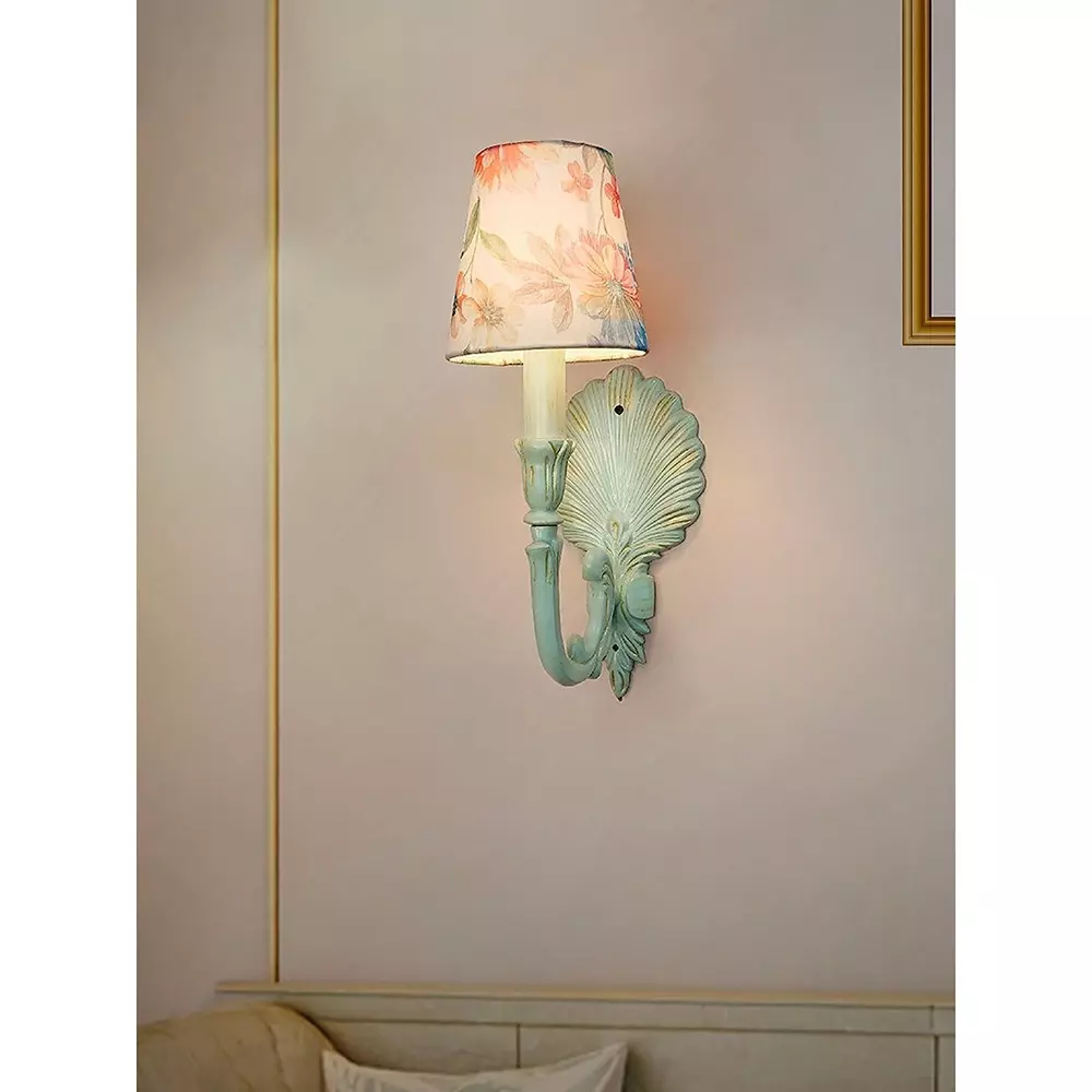 Fos Lighting Wall Light Coastal Single Wall Sconce | Rustic Green Aluminium with Pink Floral Shade