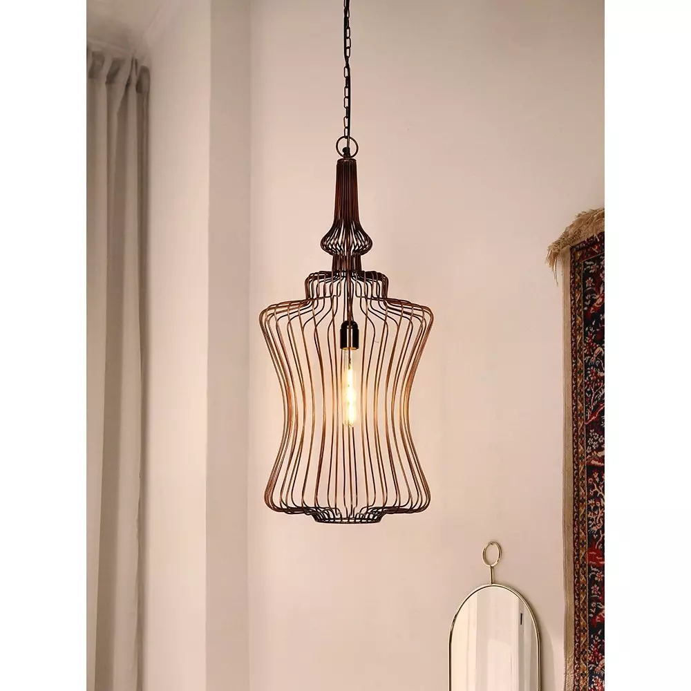 Fos Lighting Hanging Light Copper Brown Curved Wire Cage Pendant Light