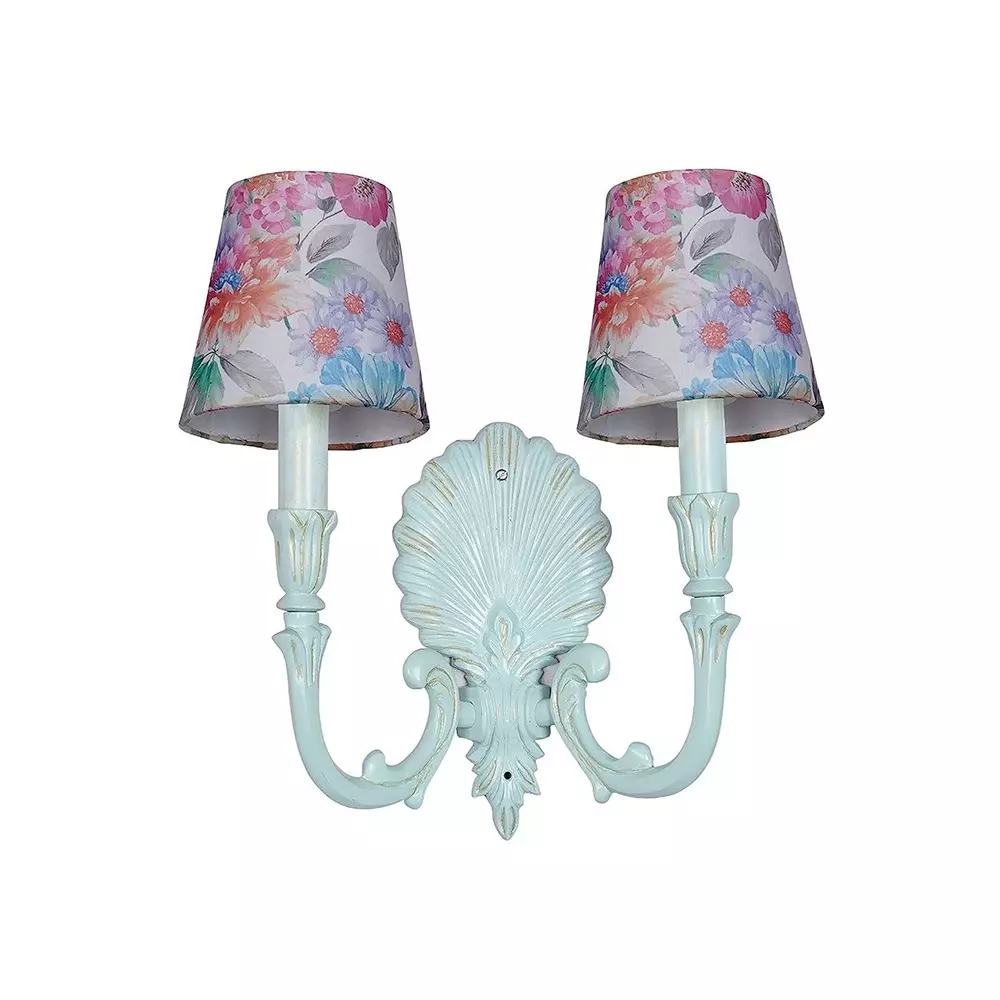 Fos Lighting Wall Light Coastal Double Wall Sconce | Rustic Green Cast Aluminium with Pink Floral Shades