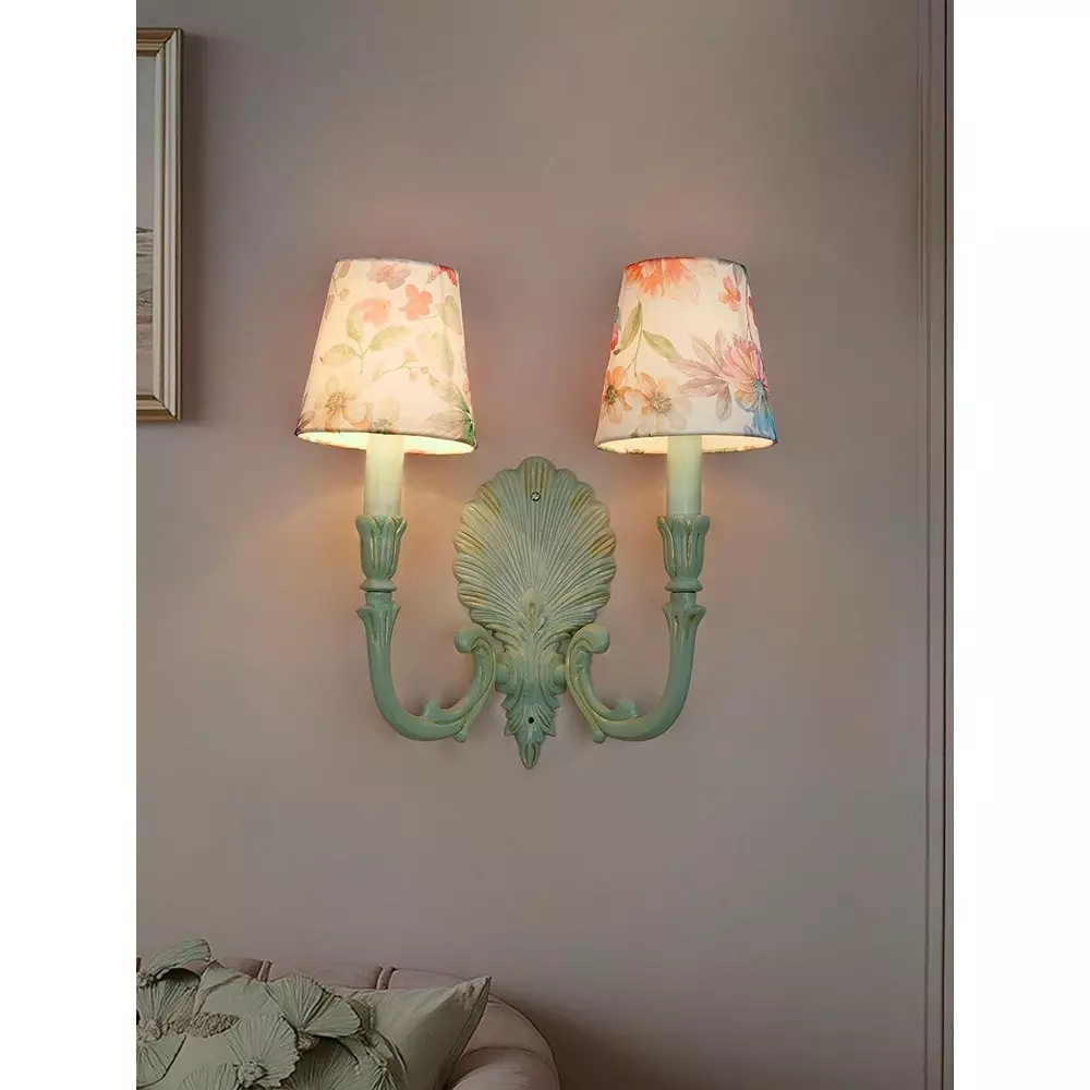 Fos Lighting Wall Light Coastal Double Wall Sconce | Rustic Green Cast Aluminium with Pink Floral Shades