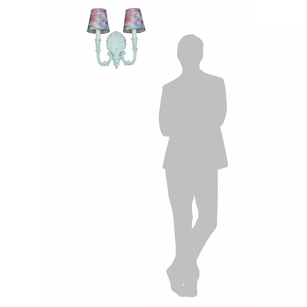 Fos Lighting Wall Light Coastal Double Wall Sconce | Rustic Green Cast Aluminium with Pink Floral Shades