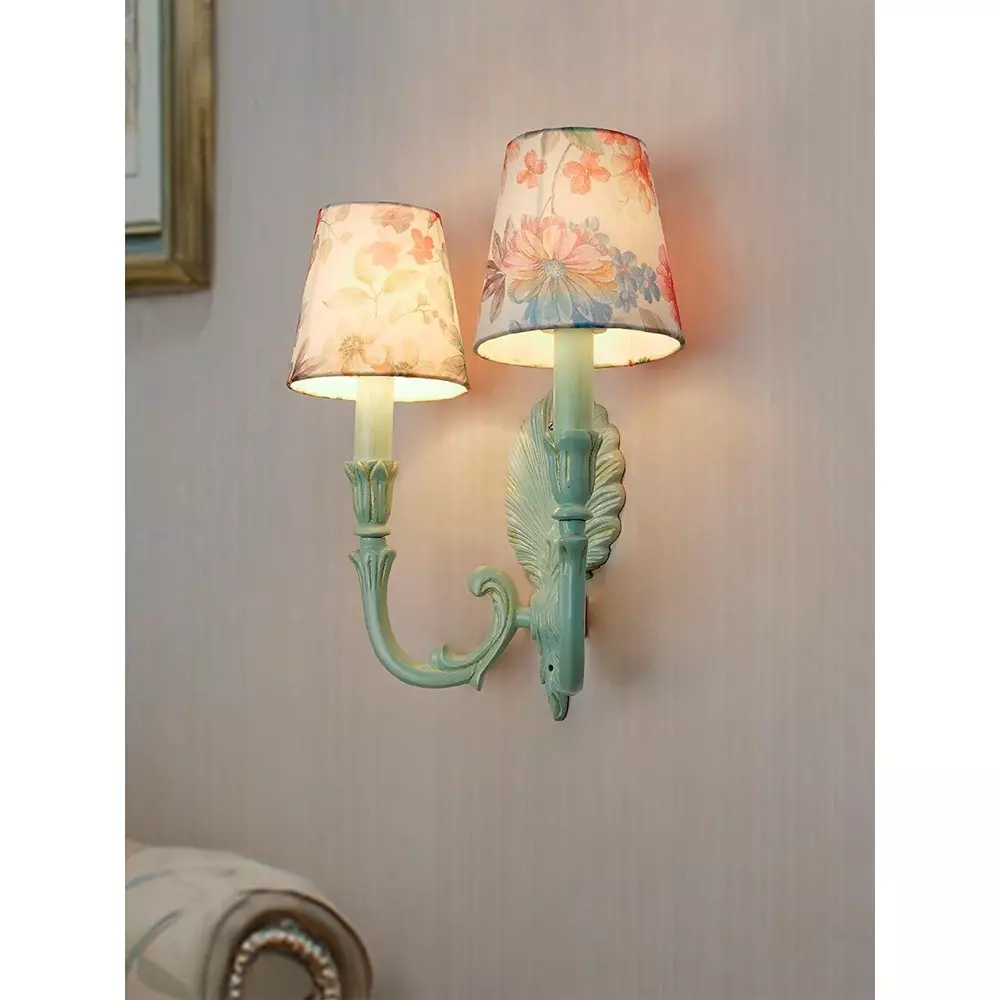 Fos Lighting Wall Light Coastal Double Wall Sconce | Rustic Green Cast Aluminium with Pink Floral Shades