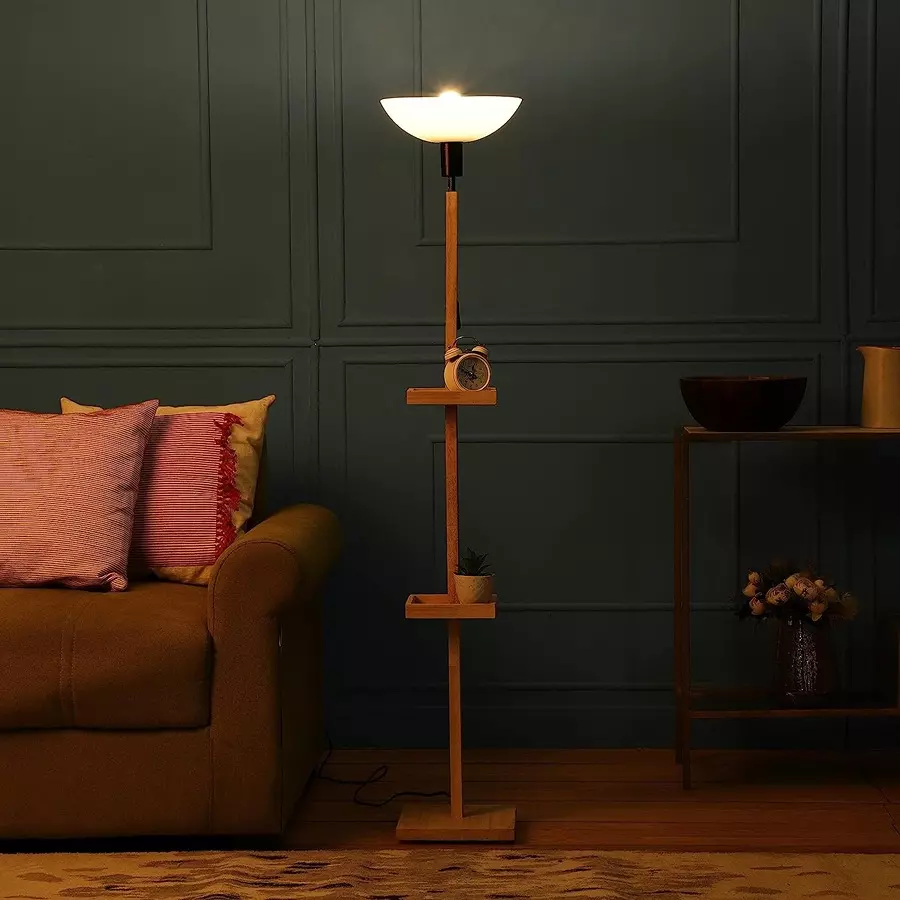 Sanded Edge Wood Style H Walnut Frappe Uplight Floor Lamp in Solid Wood with White Washable Acrylic