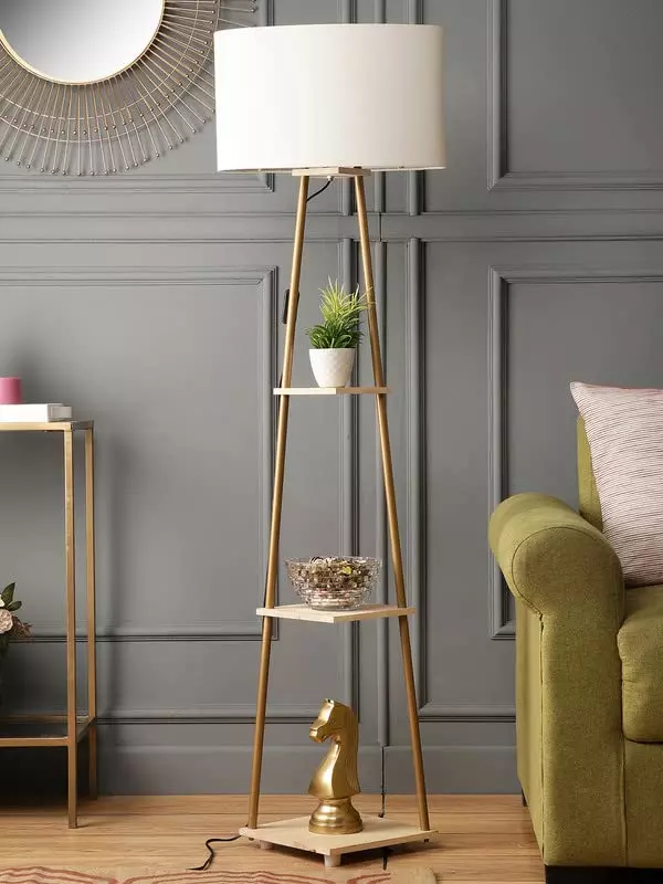 Sanded Edge Wood Offwhite Castle 3 Tier Shelf Storage Floor Lamp with Walnut Polish Shelf
