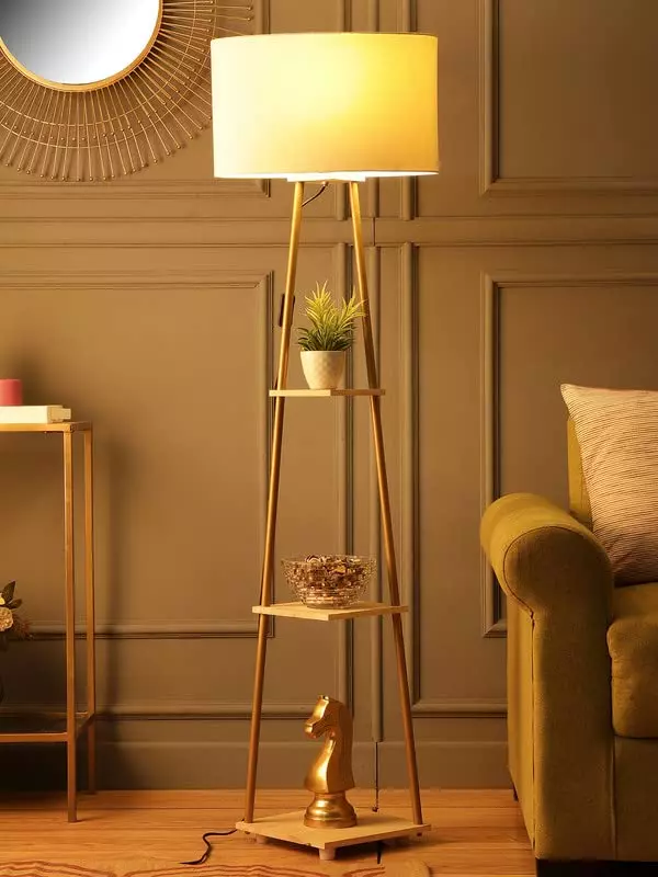 Sanded Edge Wood Offwhite Castle 3 Tier Shelf Storage Floor Lamp with Walnut Polish Shelf