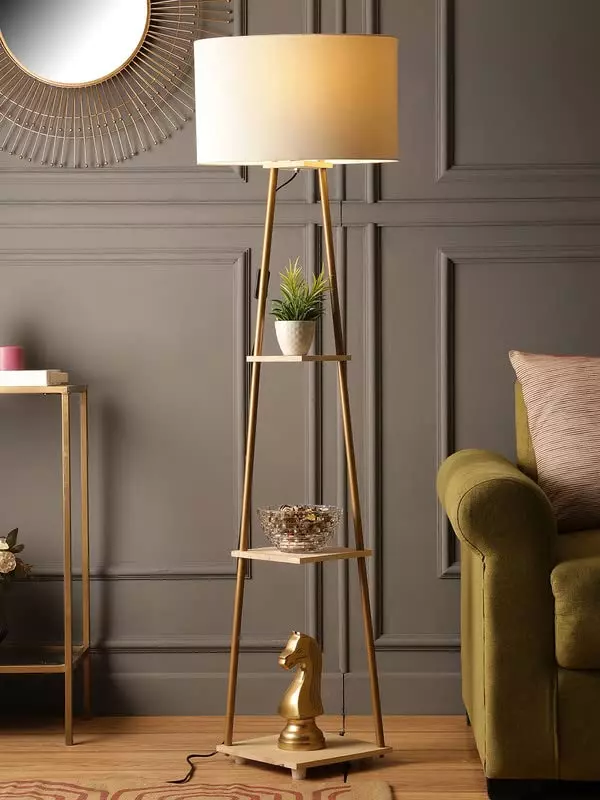 Sanded Edge Wood Offwhite Castle 3 Tier Shelf Storage Floor Lamp with Walnut Polish Shelf