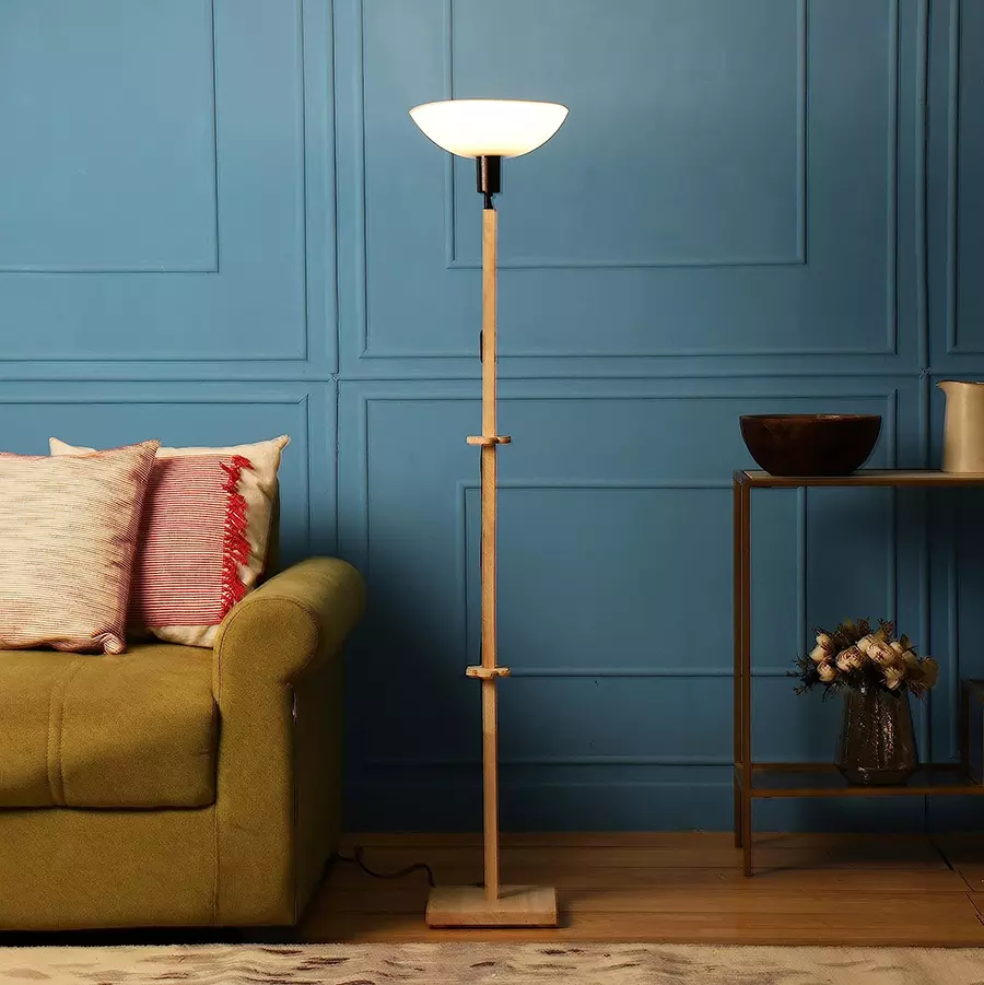 Sanded Edge Wood Style E Walnut Frappe Uplight Floor Lamp in Solid Wood with White Washable Acrylic