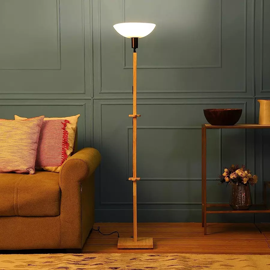 Sanded Edge Wood Style E Walnut Frappe Uplight Floor Lamp in Solid Wood with White Washable Acrylic