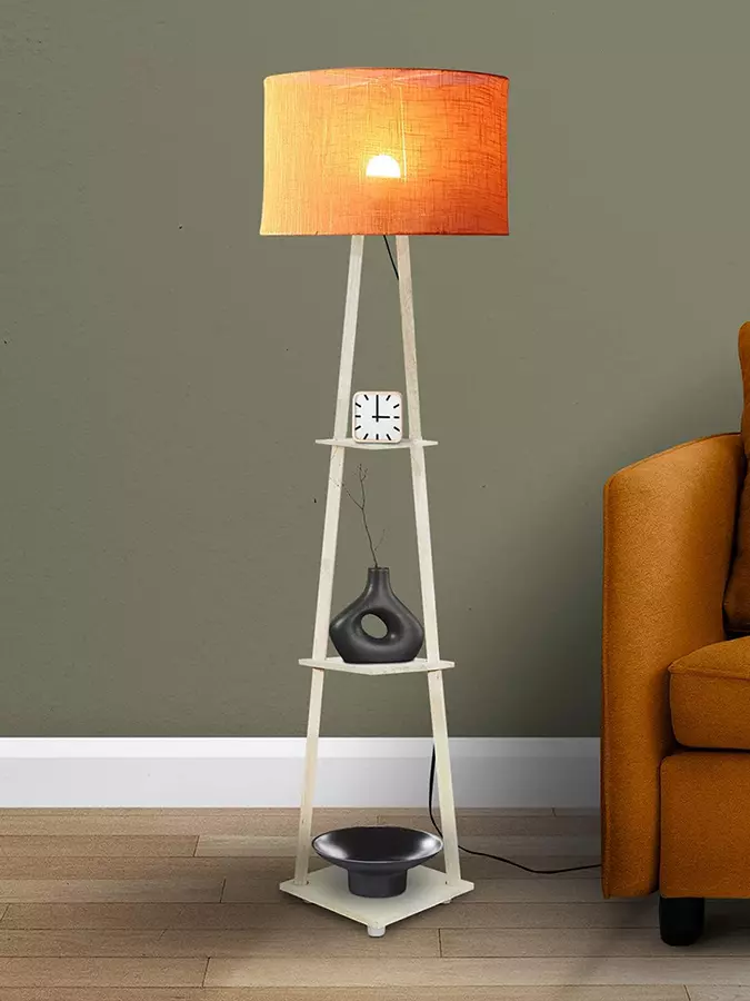 Sanded Edge Wood Orange Castle 3 Tier Shelf Storage Floor Lamp with Walnut Polish Shelf
