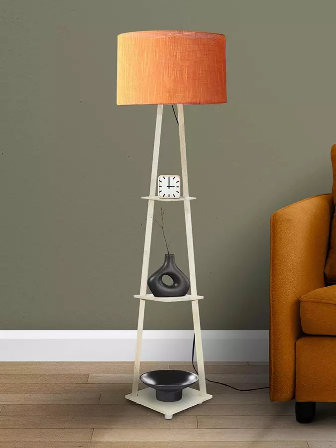 Sanded Edge Wood Orange Castle 3 Tier Shelf Storage Floor Lamp with Walnut Polish Shelf