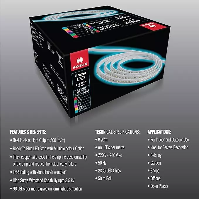 Havells Flexion LED AC Rope 96D Strip Ice, IP65 and 50 m Length, LHEHBOPWTN6F300