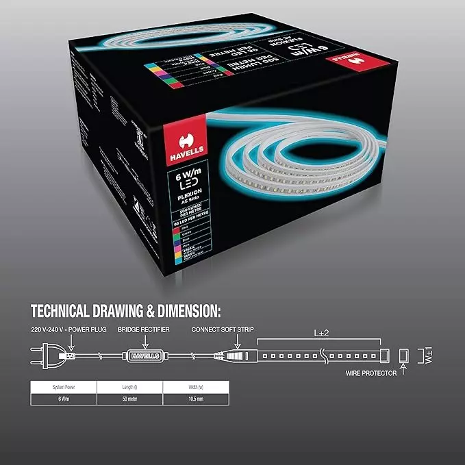 Havells Flexion LED AC Rope 96D Strip LMNGRN, IP65 and 50 m Length, LHEHBOPTTN6F300