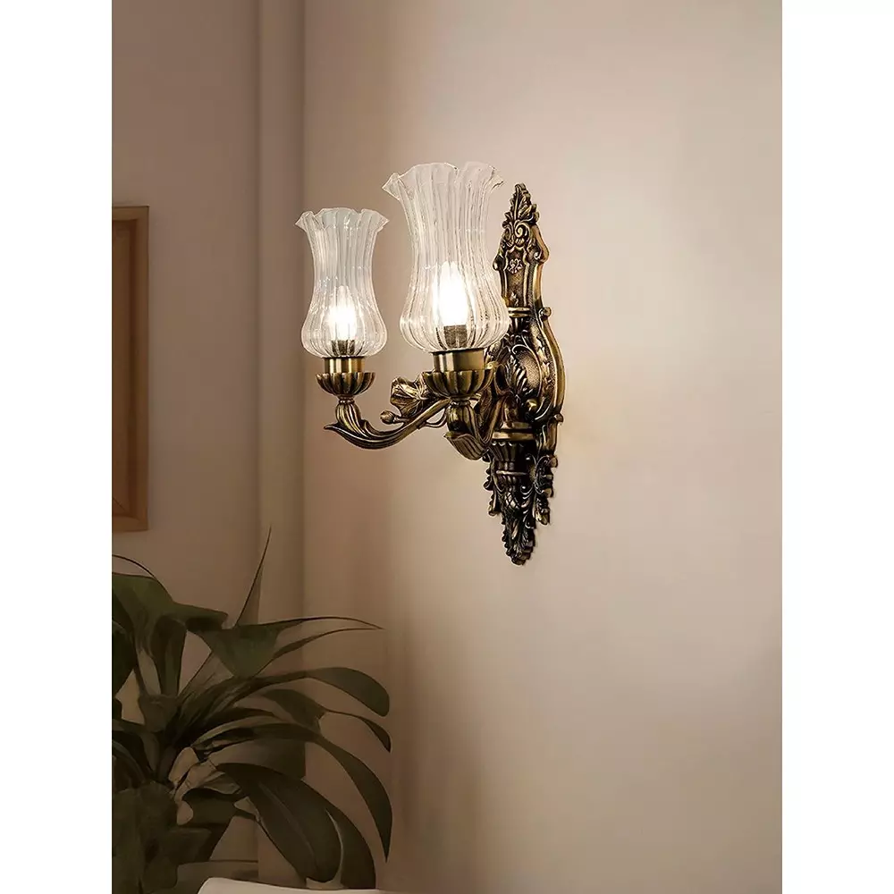 Fos Lighting Wall Sconce Light with Clear Fluted Frilled Rim Glass Ornate Brass Antique Finish 40 W