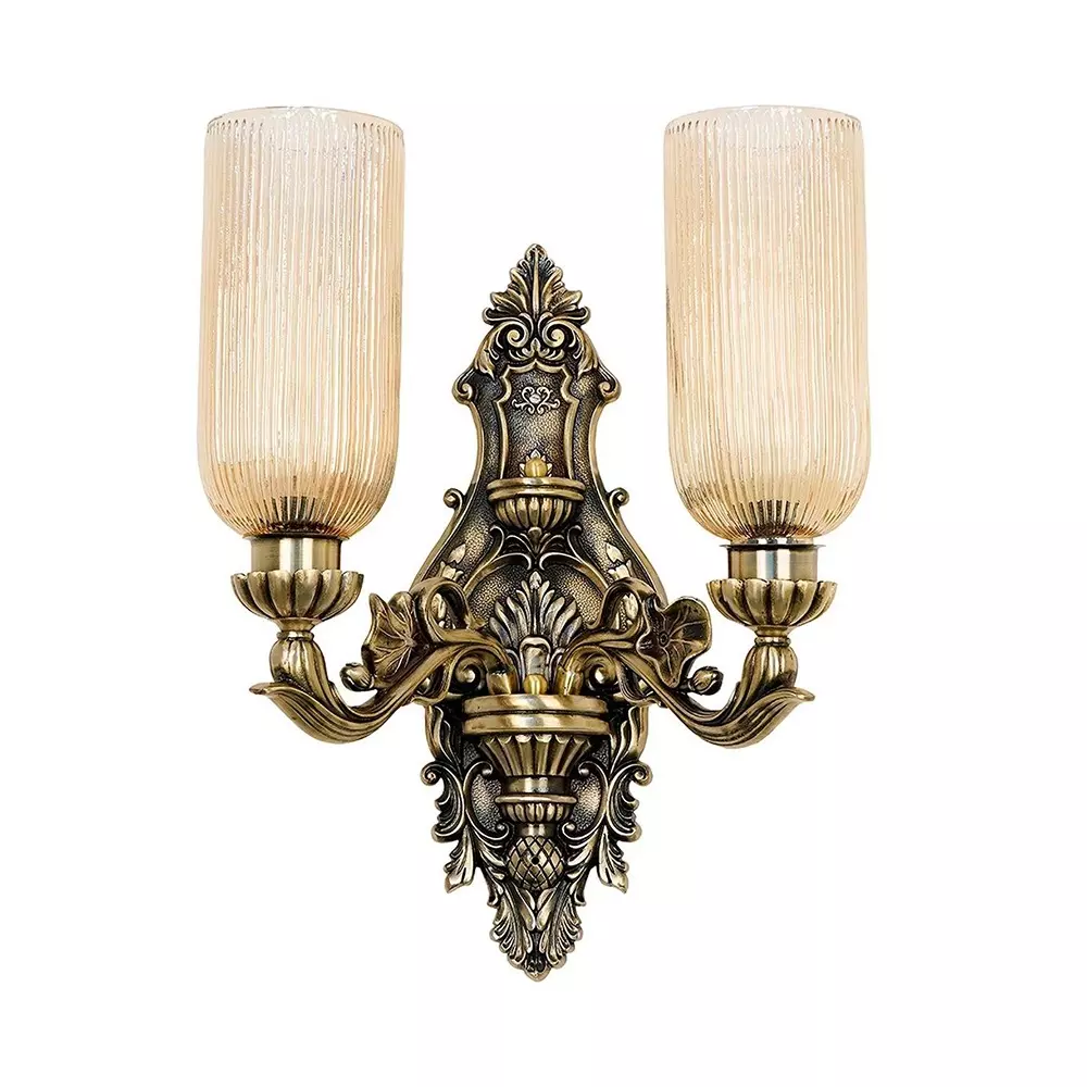 Fos Lighting Wall Sconce Light with Golden Fluted Glass Shades Ornate Brass Antique Finish 40 W