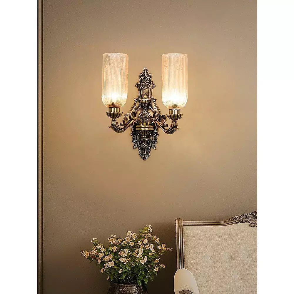 Fos Lighting Wall Sconce Light with Golden Fluted Glass Shades Ornate Brass Antique Finish 40 W