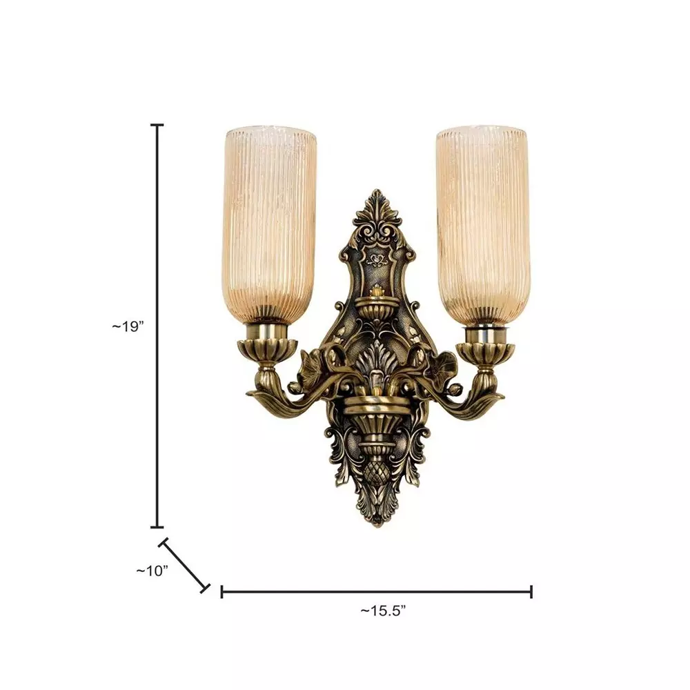 Fos Lighting Wall Sconce Light with Golden Fluted Glass Shades Ornate Brass Antique Finish 40 W
