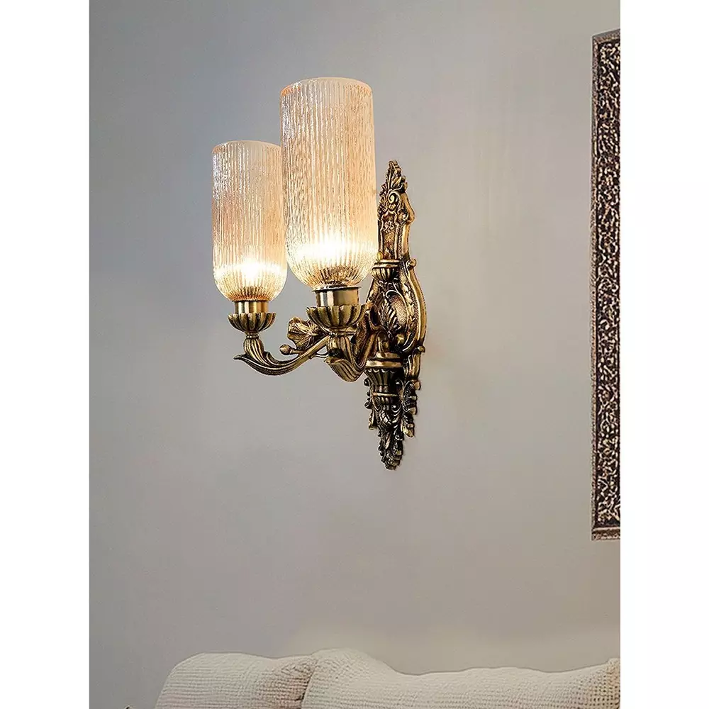 Fos Lighting Wall Sconce Light with Golden Fluted Glass Shades Ornate Brass Antique Finish 40 W