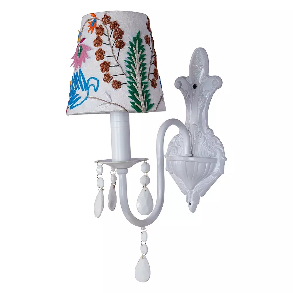 Fos Lighting Wall Light 40 W Mild Steel, Fabric White, RoshCryst-MS-WHI0-EmbrdyWhite6-WL1