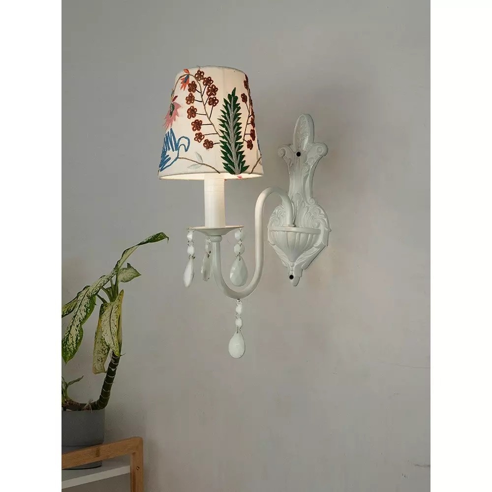 Fos Lighting Wall Light 40 W Mild Steel, Fabric White, RoshCryst-MS-WHI0-EmbrdyWhite6-WL1