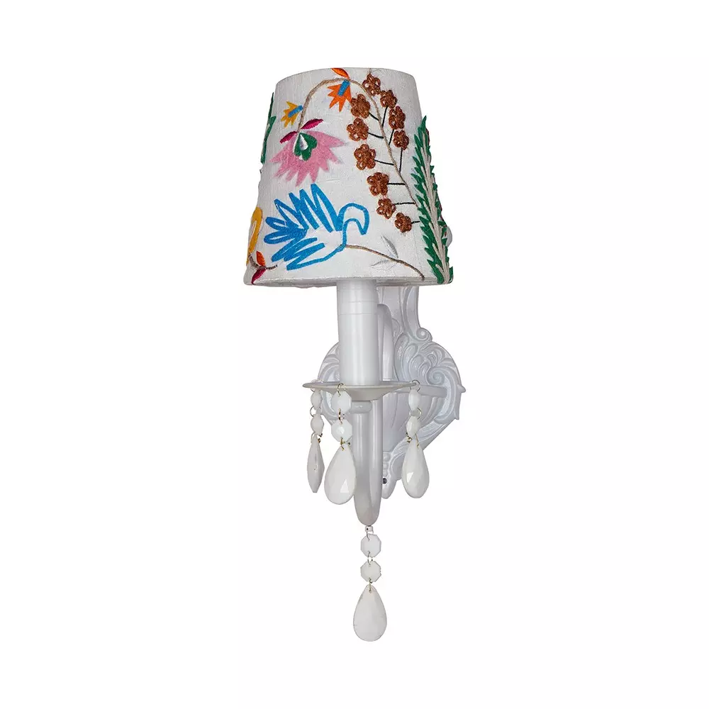 Fos Lighting Wall Light 40 W Mild Steel, Fabric White, RoshCryst-MS-WHI0-EmbrdyWhite6-WL1