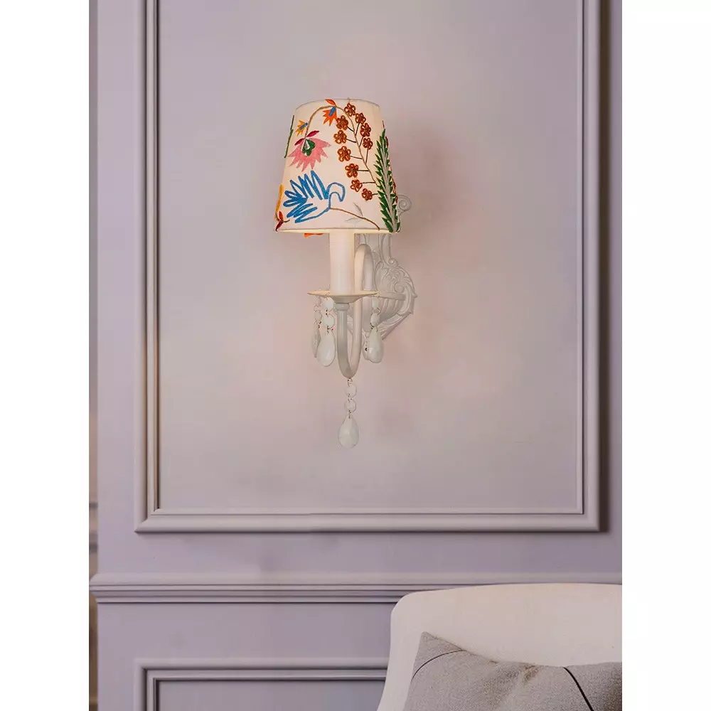 Fos Lighting Wall Light 40 W Mild Steel, Fabric White, RoshCryst-MS-WHI0-EmbrdyWhite6-WL1