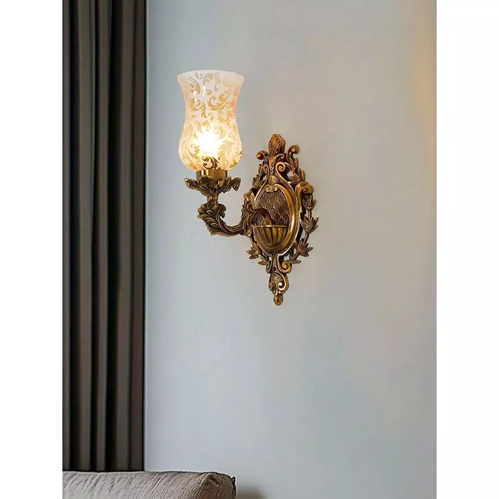 Fos Lighting Traditional Uplight Wall Sconce with Golden Etched Glass Brass Antique Finish 40 W