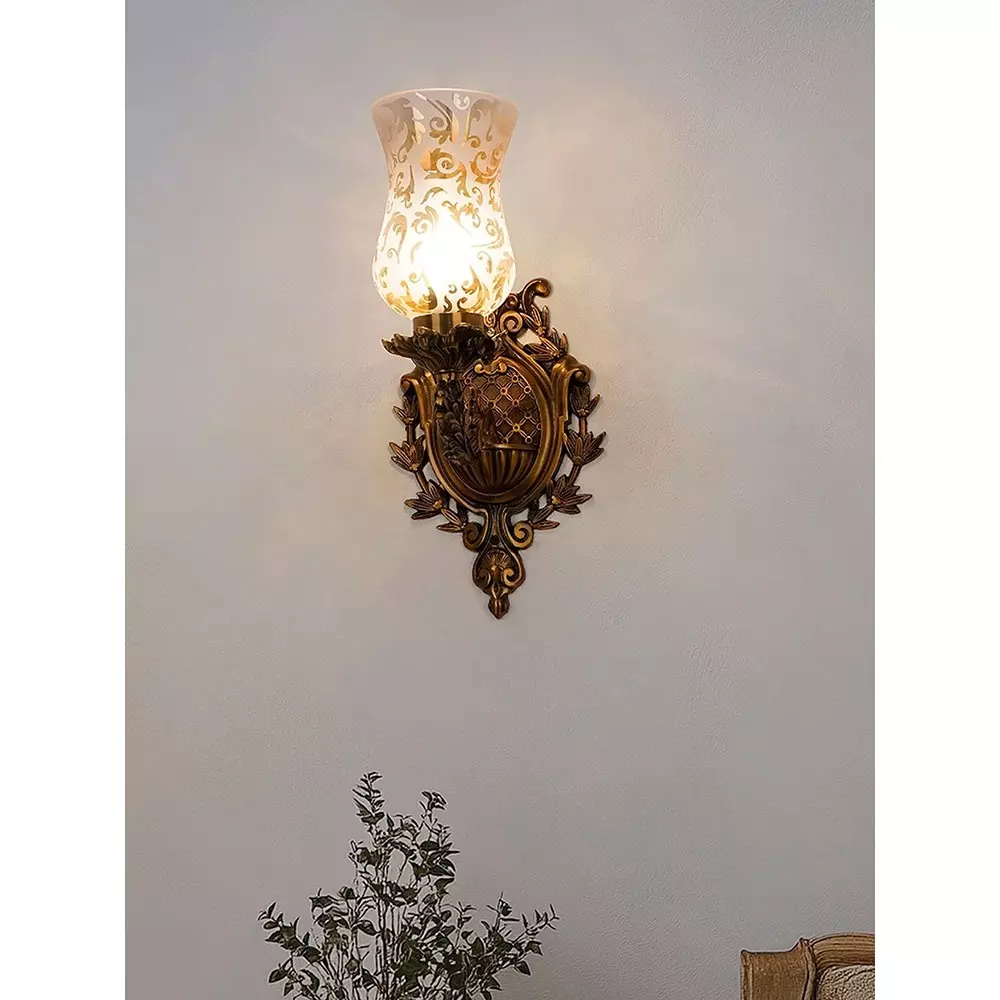 Fos Lighting Traditional Uplight Wall Sconce with Golden Etched Glass Brass Antique Finish 40 W