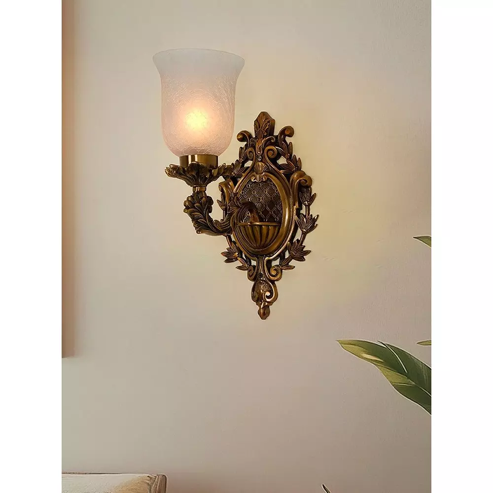 Fos Lighting Traditional Uplight Wall Sconce with Frosted Crackle Glass Brass Antique Finish 40 W