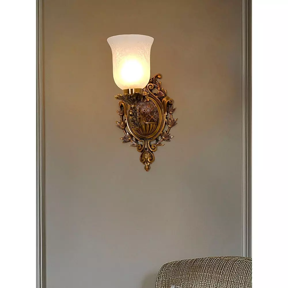 Fos Lighting Traditional Uplight Wall Sconce with Frosted Crackle Glass Brass Antique Finish 40 W
