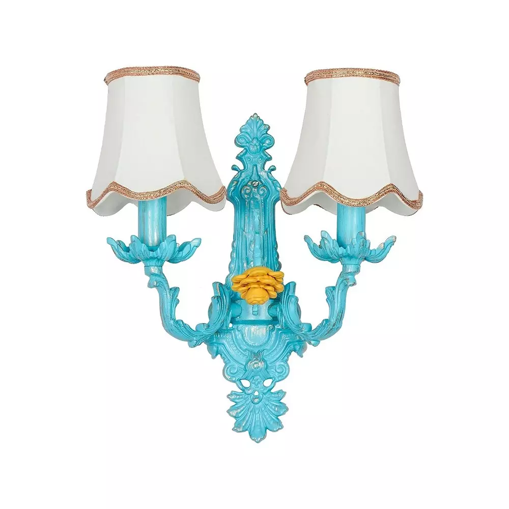 Fos Lighting Wall Sconce Light with Yellow Flower and Embroidered Scalloped Shades Blue Ornate 40 W